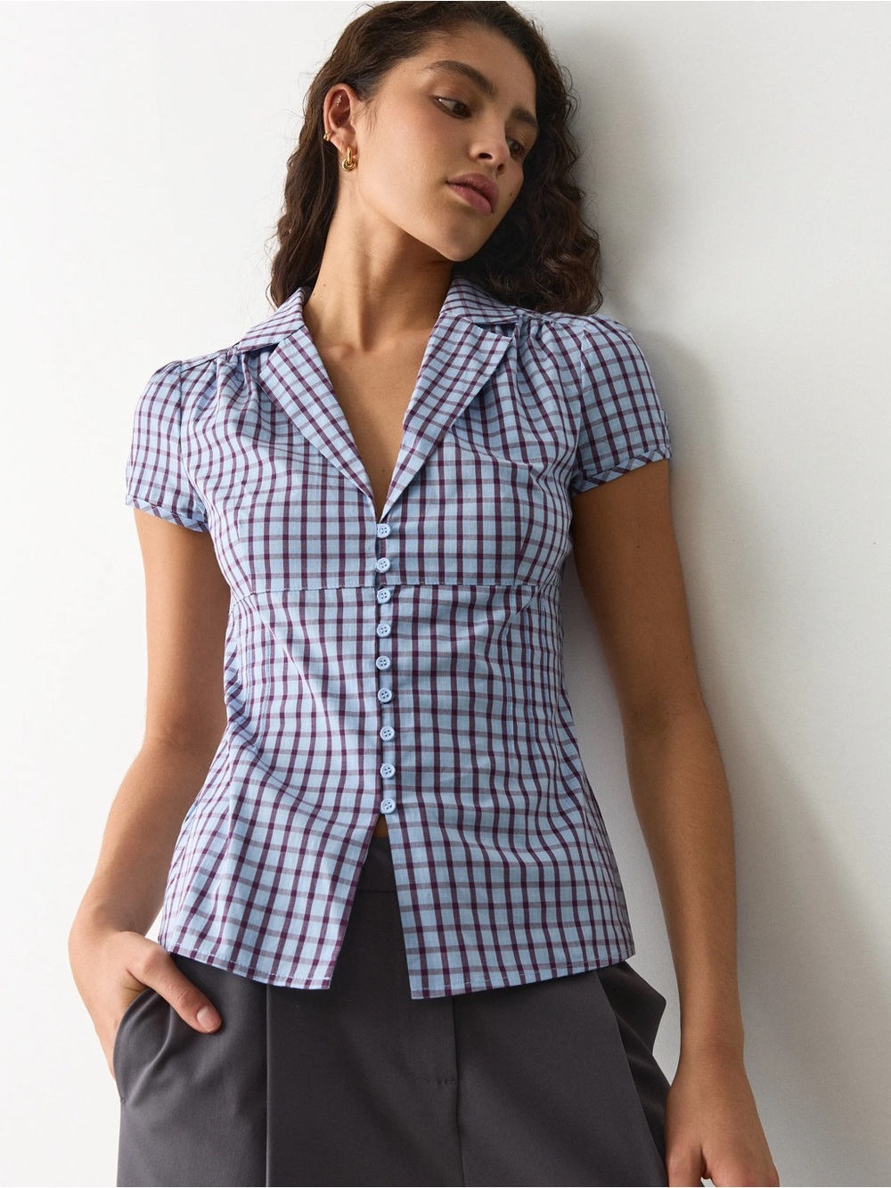 Glassons Light Blue and Burgundy Checked Short Sleeve Button Down Top